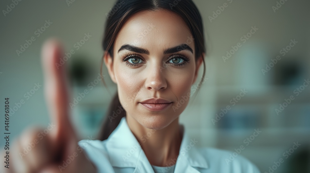 Fototapeta premium Healthcare professional demonstrating a serious expression while giving a warning gesture in a clinical environment