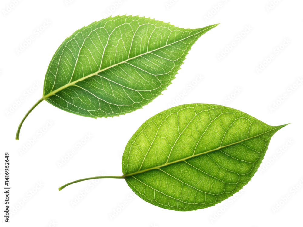 Fototapeta premium Two green leaves with detailed veins and textures, showcasing nature beauty and freshness