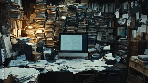 Overwhelmed by paperwork: Chaotic workspace with computer and piles of documents