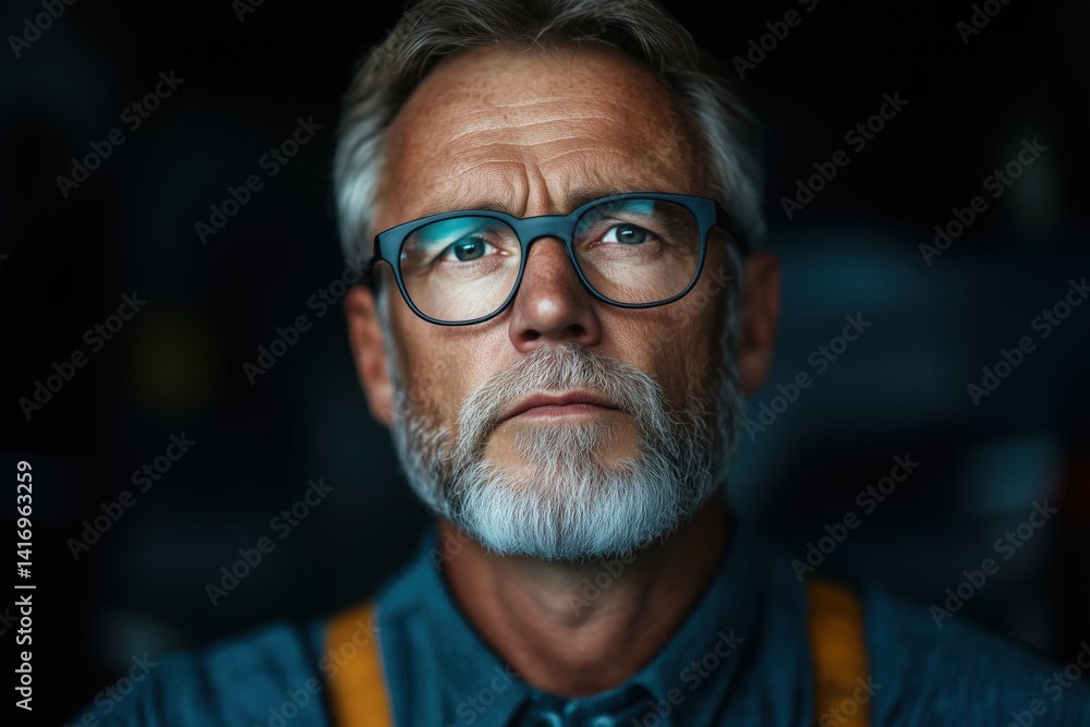 Fototapeta premium Mature man with glasses and beard posing seriously in a dimly lit environment, showcasing life experience and wisdom