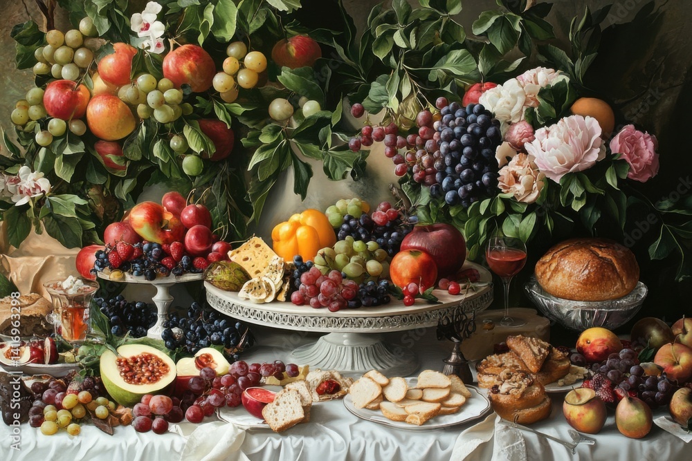 Colorful fruit and bread arrangement displayed on a table with greenery at a gathering in a rustic setting Colorful fruit and bread arrangement displayed on a table with greenery at a gathering in a rustic setting