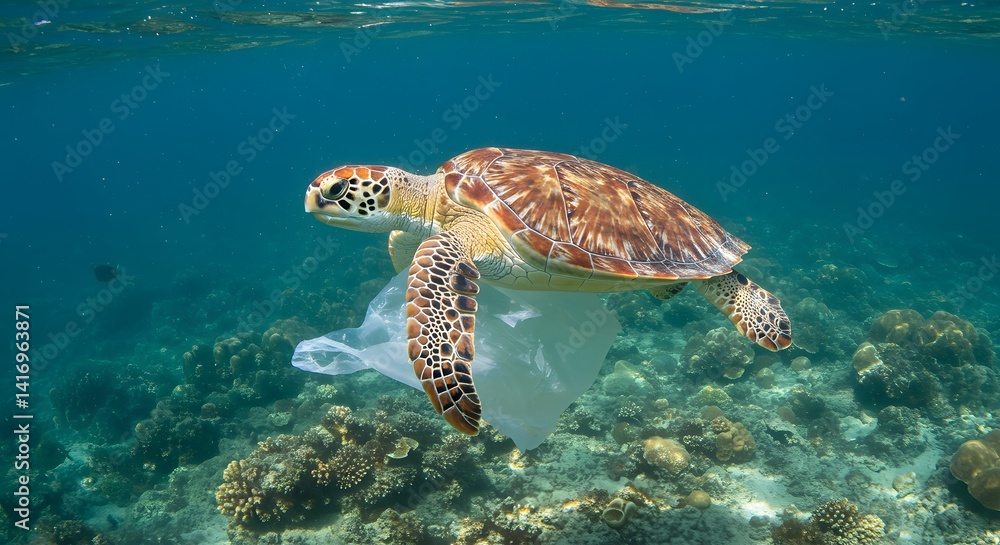 Obraz premium Sea Turtle Entangled in Plastic Bag: A Stark Reminder of Ocean Pollution
