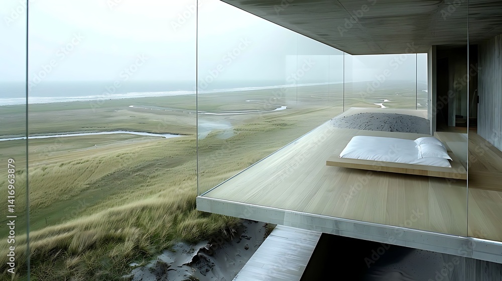 Fototapeta premium Minimalist bedroom cantilevered over coastal landscape in serene environment