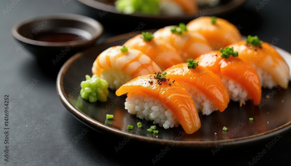 Colorful sushi platter, soy sauce, wasabi, ginger , salmon, food Colorful sushi platter, soy sauce, wasabi, ginger , salmon, food