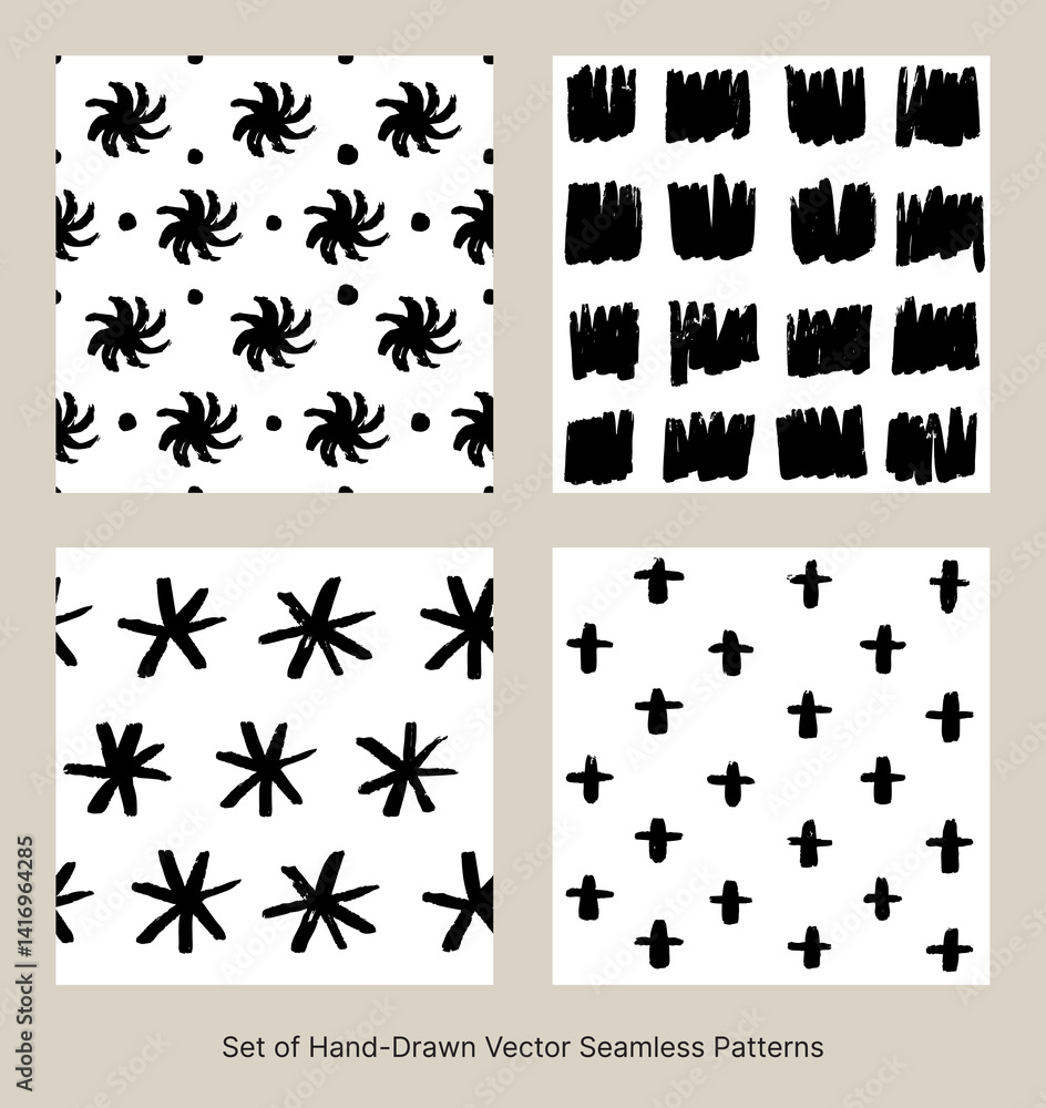 Fototapeta premium set of brush hand drawn seamless patterns, vector ornaments for wrapping paper, wall decoration, black and white, minimal 