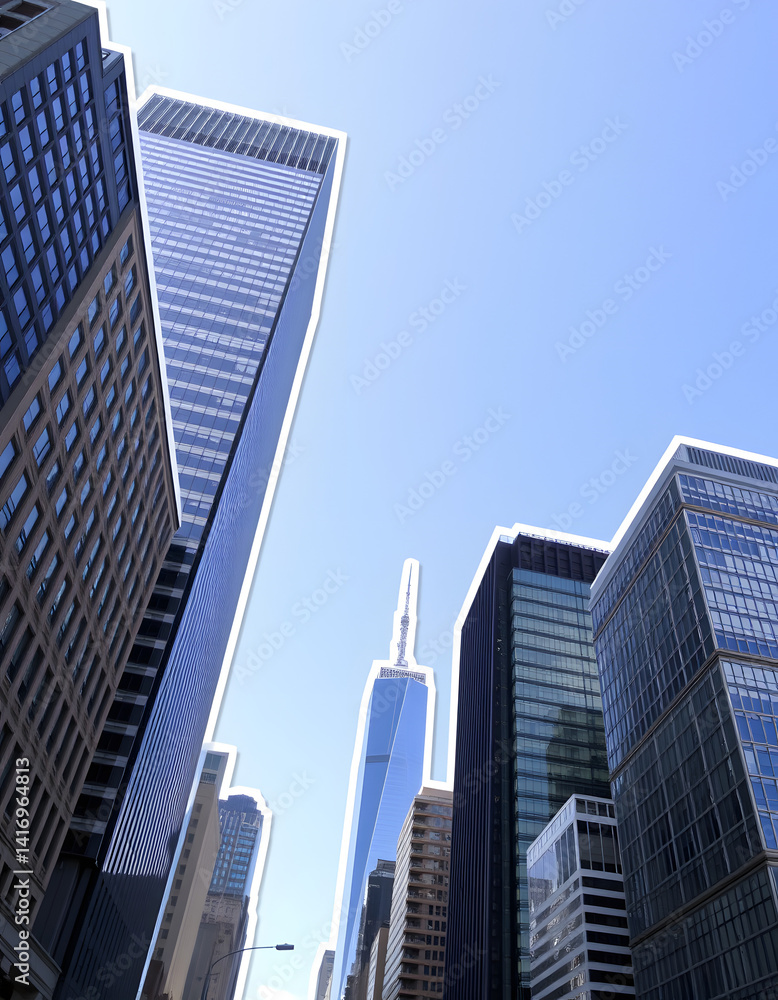 towering urban skyscrapers, sticker style. with white shades towering urban skyscrapers, sticker style. with white shades