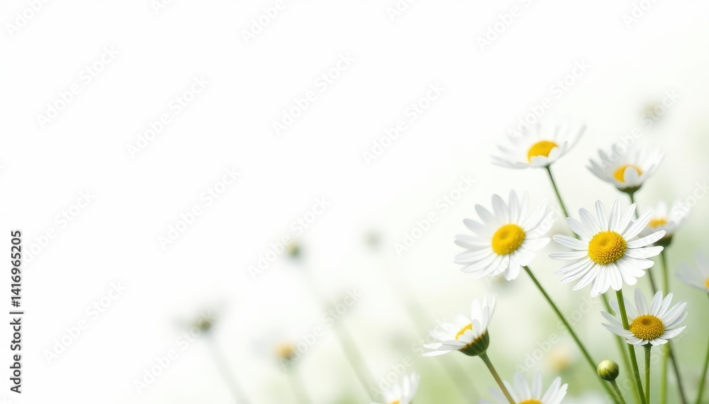 Fototapeta premium Delicate white wildflowers against pure white background, detail, bloom