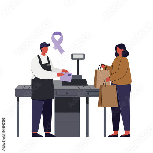 Male cashier assisting female customer with shopping bags in flat style at checkout counter vector illustration