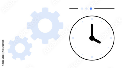 Clock with black hands next to blue gear shapes, symbolizing synchronization, efficiency, and planning. Ideal for productivity, business, workflow, organization, time-saving automation simple
