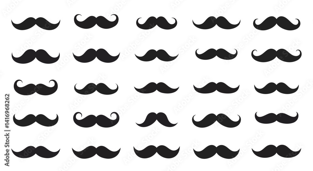 Collection of various black mustache styles in simple flat design with diverse shapes and curls arranged in rows vector illustration Collection of various black mustache styles in simple flat design with diverse shapes and curls arranged in rows vector illustration
