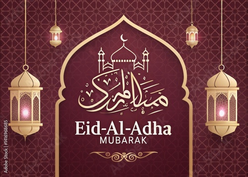 Festive Eid Al-Adha Mubarak greeting card design with ornate details.