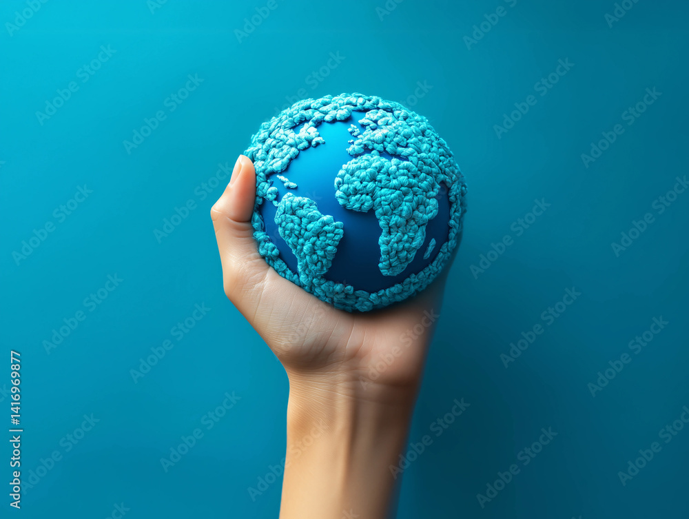 A hand holding a globe covered with textured blue material, symbolizing global unity and care for the planet. A hand holding a globe covered with textured blue material, symbolizing global unity and care for the planet.