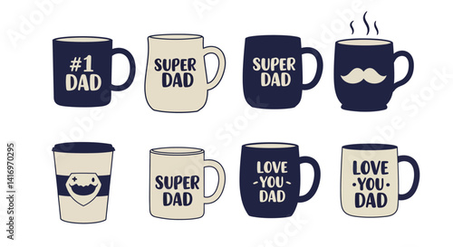 Set of eight minimal Fathers Day coffee mugs with text and mustache design flat vector illustration