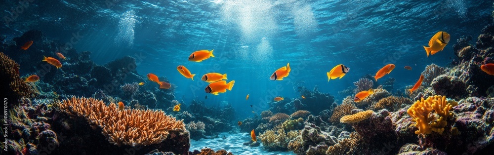 Fototapeta premium Vibrant Coral Reef Underwater with Fish Swimming in Clear Blue Ocean Water, Beautiful Marine Life Scene