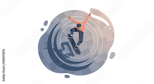 Male skateboarder performing trick in dynamic motion with minimal flat design and abstract circular background vector illustration