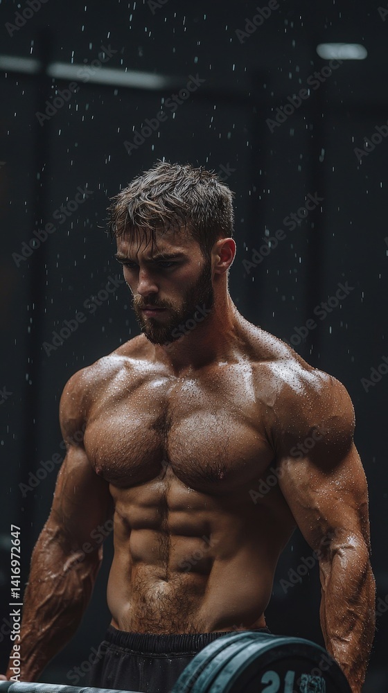 Fototapeta premium A man with a muscular body is holding a dumbbell