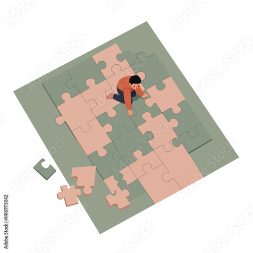 Man assembling large puzzle pieces on flat surface in minimal style vector illustration