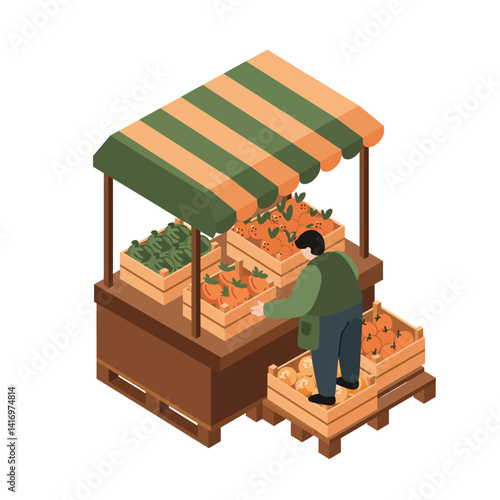 Isometric vegetable market stall with vendor arranging fresh produce in flat detailed style vector illustration