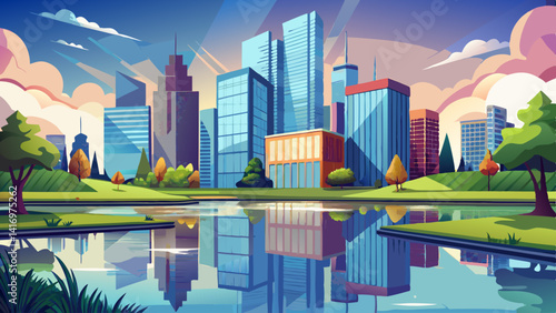 Skyscrapers reflected in a pond at the edge of a quiet parkland