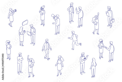 Vector line art of isometric office people. Business communication, coworking networking, and workplace interaction scenes for infographics and corporate design projects.