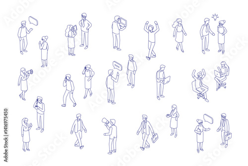 Isometric office workspace with people working together. Coworking. Line art vector isometric business people illustration.	