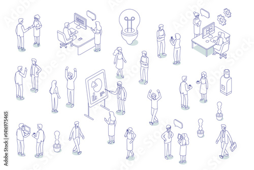 Isometric office workspace with people working together. Coworking. Line art vector isometric business people illustration.	