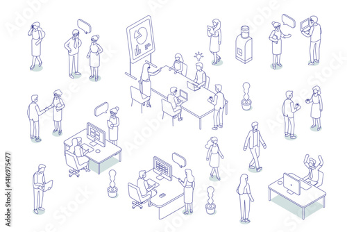Isometric office workspace with people working together. Coworking. Line art vector isometric business people illustration.	