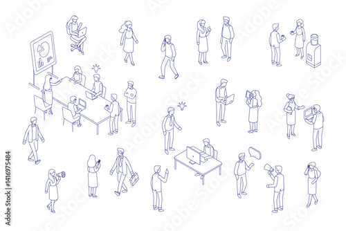 Isometric office workspace with people working together. Coworking. Line art vector isometric business people illustration.	