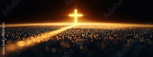 A cross is lit up in the dark, with a bright light shining on it