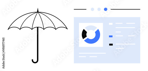 Open umbrella beside analytics dashboard featuring pie chart and text elements. Ideal for data security, insurance, risk management, decision-making, analytics, business strategy, simple landing page