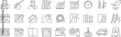 Power washing line icon set. Vector pictograms of washer machine, deck, patio, fence, siding, garage, window, ladder, roof, thin linear illustration.