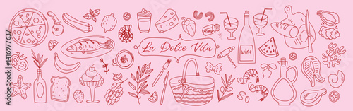 Summer Mediterranean pink set in Dolce Vita style. Hand drawn vintage doodles featuring family dinners, picnics, and breakfasts with wine, pizza, and snacks. Coquette line art vector design.