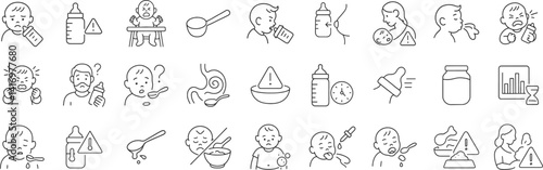Baby feeding problem line icon set. Vector pictograms of food, allergy, colic, reflux, spit, crying, discomfort, hot, cold, temperature, spoon, thin linear illustration.
