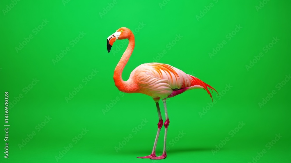 Obraz premium Single, vibrant flamingo against a solid green backdrop.