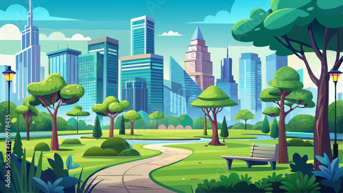 A peaceful green park stretches out with towering skyscrapers rising in the distance