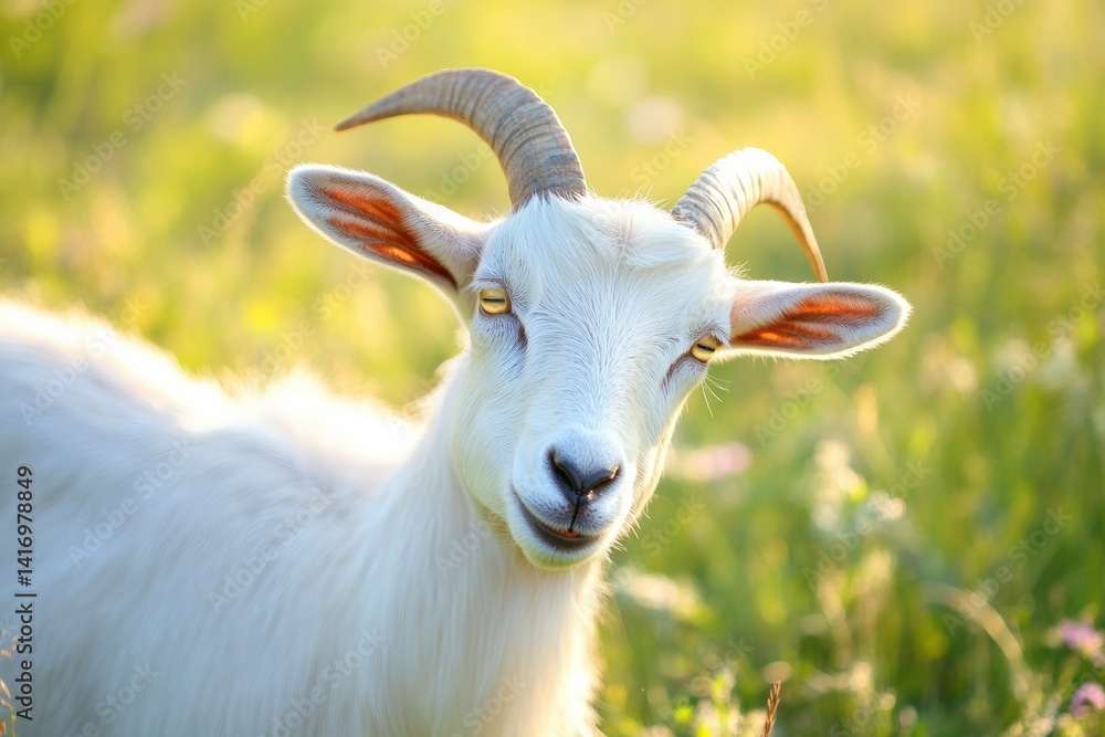 Fototapeta premium White goat with curved horns grazing in sunlit meadow