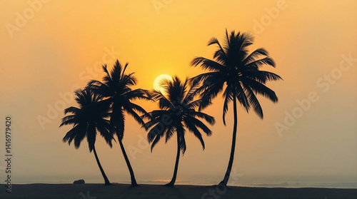 A classic oil painting depicting a silhouette of palm trees on a paradise beach at sunset, rendered in a dramatic cinematic style with a warm golden glow, thick fog obscuring the background, rich text