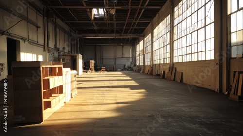 Wallpaper Mural Empty industrial warehouse interior. Sunlight streams through large windows Torontodigital.ca