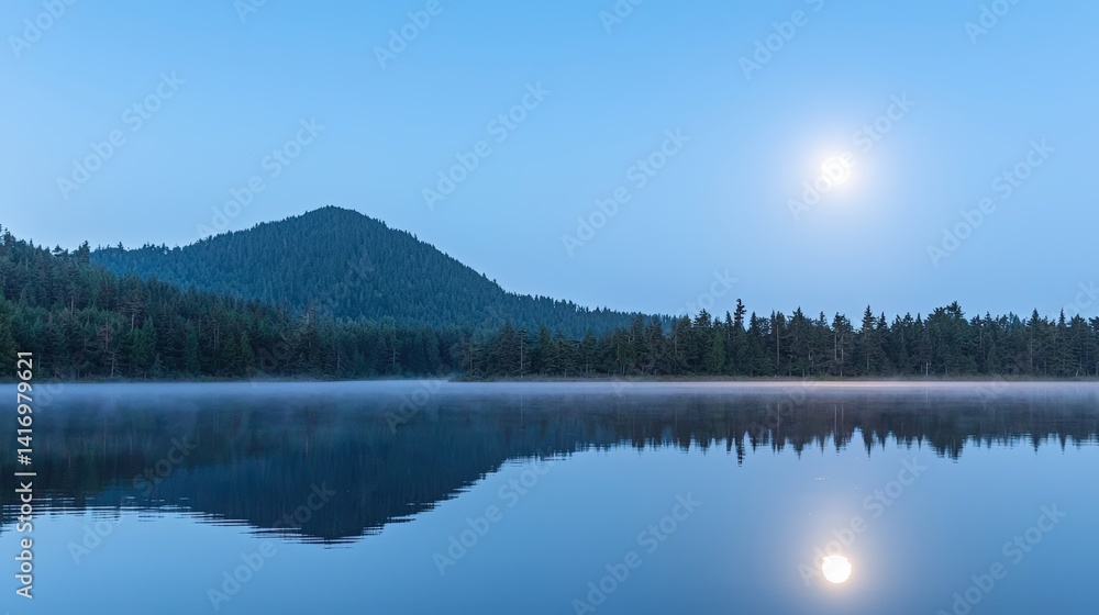 Fototapeta premium Serene Moonlit Lake & Mountain Reflection - Nature Photography