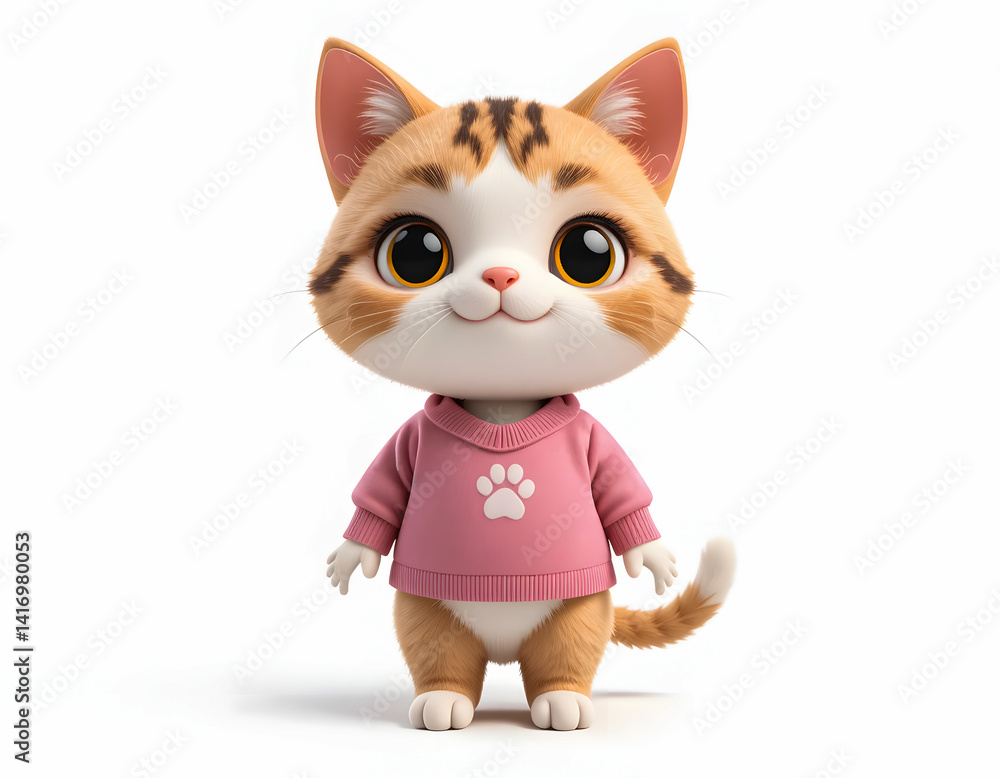 Fototapeta premium A sweet digital art image of a cat character with a happy expression, dressed in a pink paw-print sweater.