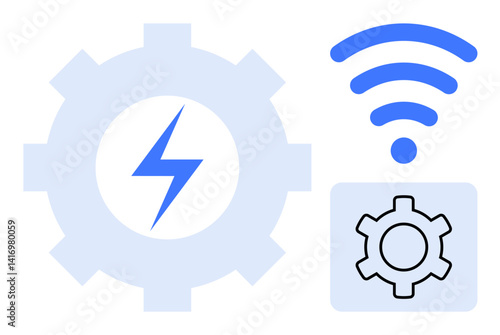 Blue gear with lightning bolt, wireless waves, and settings icon suggesting energy, automation, and wireless communication. Ideal for tech, innovation, connectivity, automation energy IoT