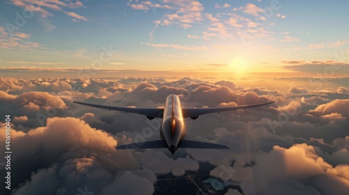 Commercial Airplane Flying Above Layered Clouds at Golden Sunset Hours