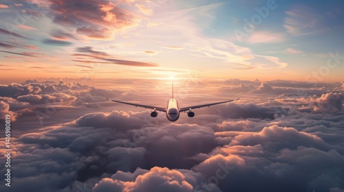 Commercial airliner flying through serene twilight sky above puffy clouds