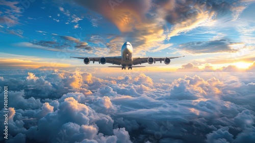 Airplane flying above clouds at sunset showcasing travel and aviation