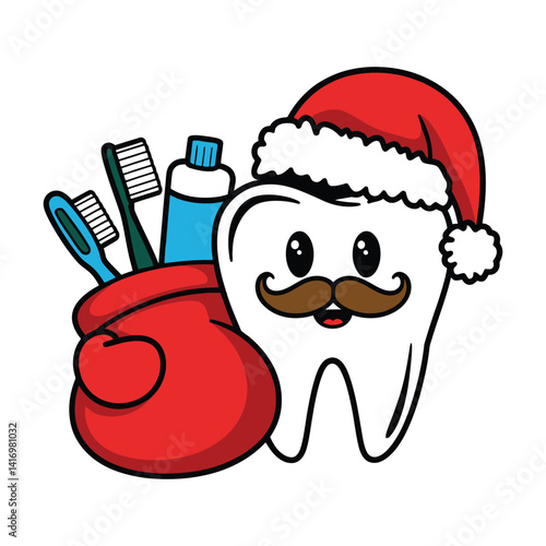 Cute Christmas Tooth with Toothbrushes and Santa Hat Illustration