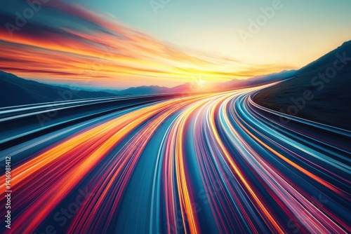 Highway Long exposure road view towards sunset with light trails and mountain landscape