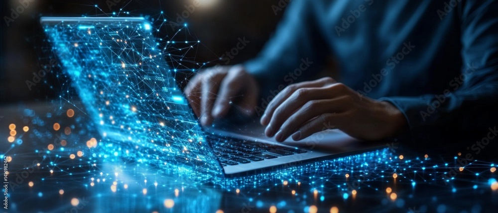 Man in suit working on laptop, around digital networks and data. Suitable for illustrating technology, cybersecurity, business innovation.