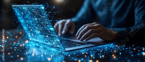 Man in suit working on laptop, around digital networks and data. Suitable for illustrating technology, cybersecurity, business innovation.