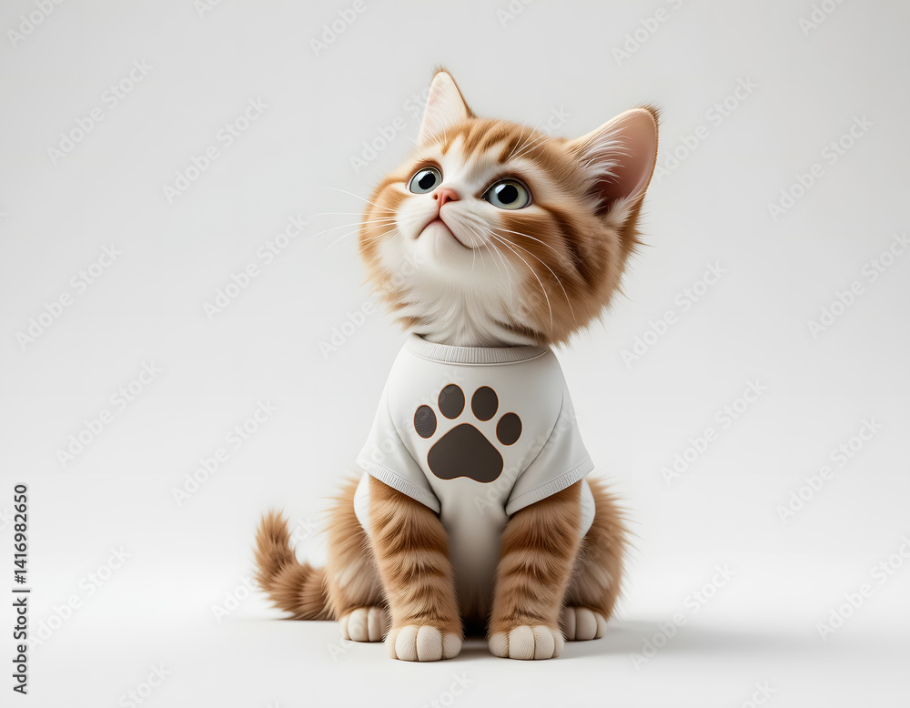 Fototapeta premium Adorable ginger tabby kitten wearing a white t-shirt with a brown paw print, looking up with wide eyes against a clean white background.