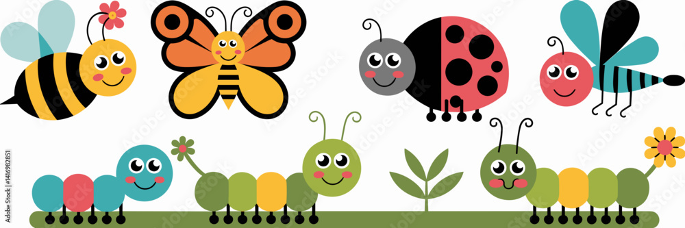 Obraz premium Cute vector icons of spring insects on a leaf – Great for seasonal kids’ products or nature-themed designs